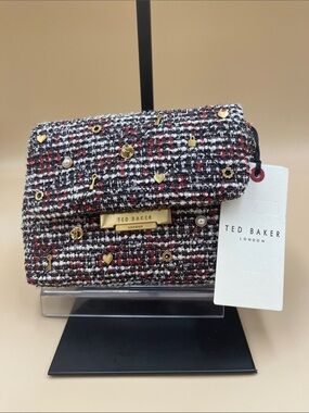 Ted Baker Tweed Mini Crossbody in Black, White & Red with Gold Accents